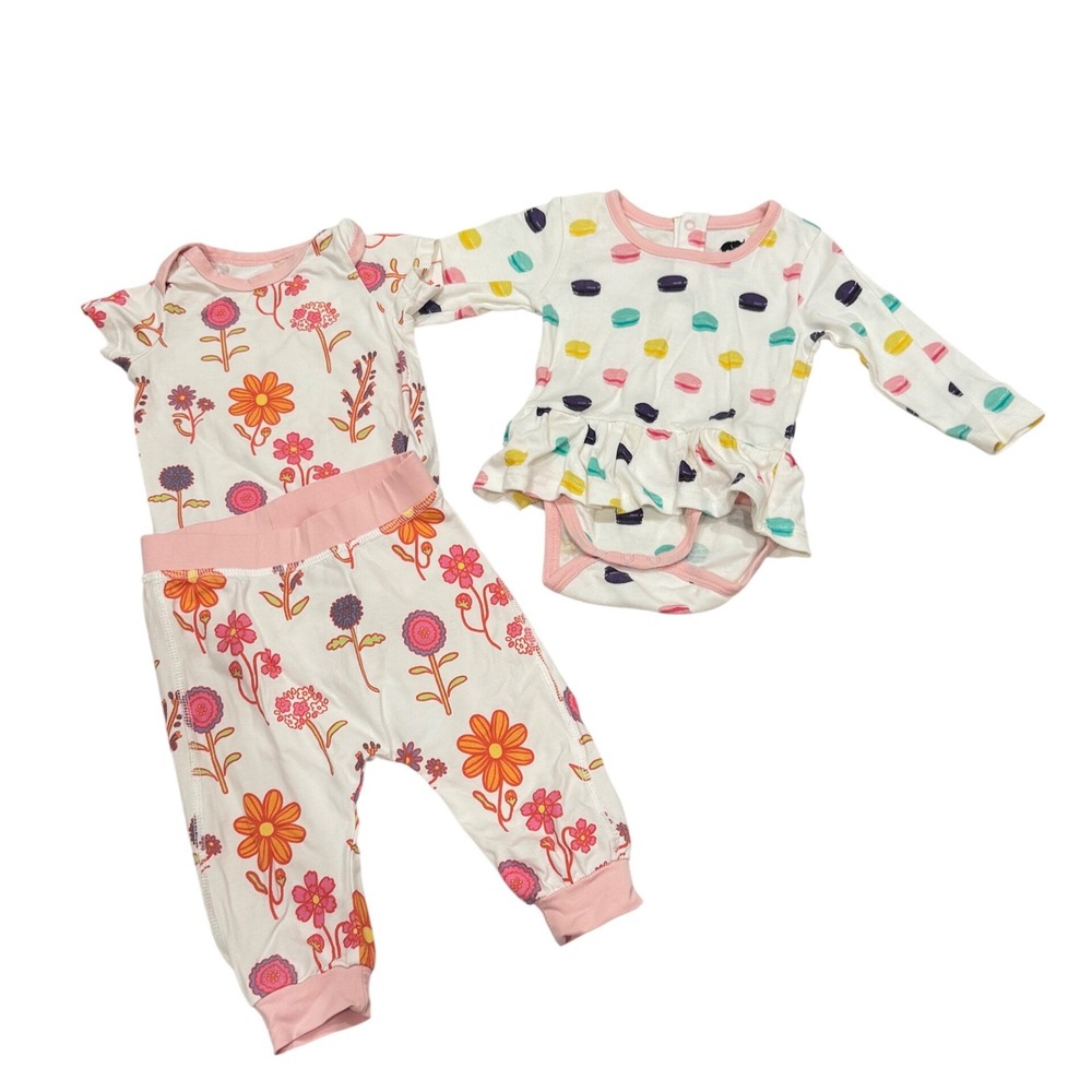 Monica + Andy Bodysuit Pants Set Kids 3-6M White Floral Macaron Organic Cotton